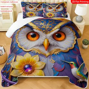 3 pcs, 2D Flat Print Colorful Owl & Hummingbird Floral Bedspread Set, Soft and Comfortable, Multiple Sizes Available, Suitable for Gifting and Daily Use, Ideal for Creating a Cozy Home Atmosphere(1 bedspread , 2 pillowcases)