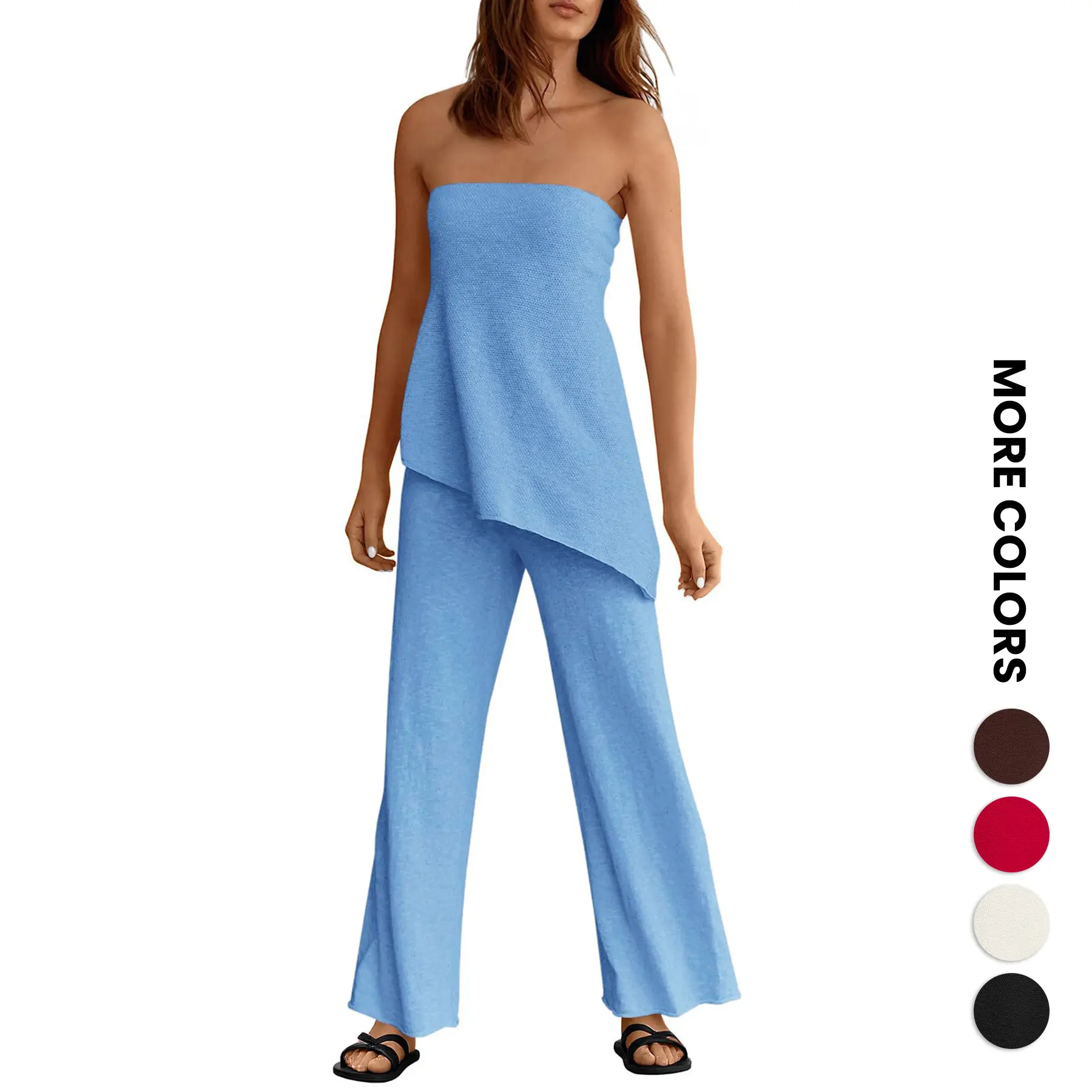 Wodubu Women's 2-Piece Knit Clothes Set 2026 - Asymmetrical Tube Top, Wide Leg Bottom, Basic Comfortable Elegance Casual Vacation Lounge Outfit, Everyday, Sleeveless, Style, Two Piece Set