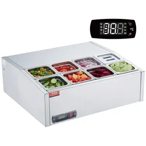 【Summervibes】VEVOR Refrigerated Condiment Prep Station,  140 W Countertop Refrigerated Condiment Station, with 8 1/6 Pans, 304 Stainless Body and PC Lid, Sandwich Prep Table with Stainless Steel Guard, ETL