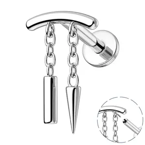 Oufer 16G Internally Threaded Spike & Stick Chain Dangle Cartilage Stud Hidden Helix Jewelry