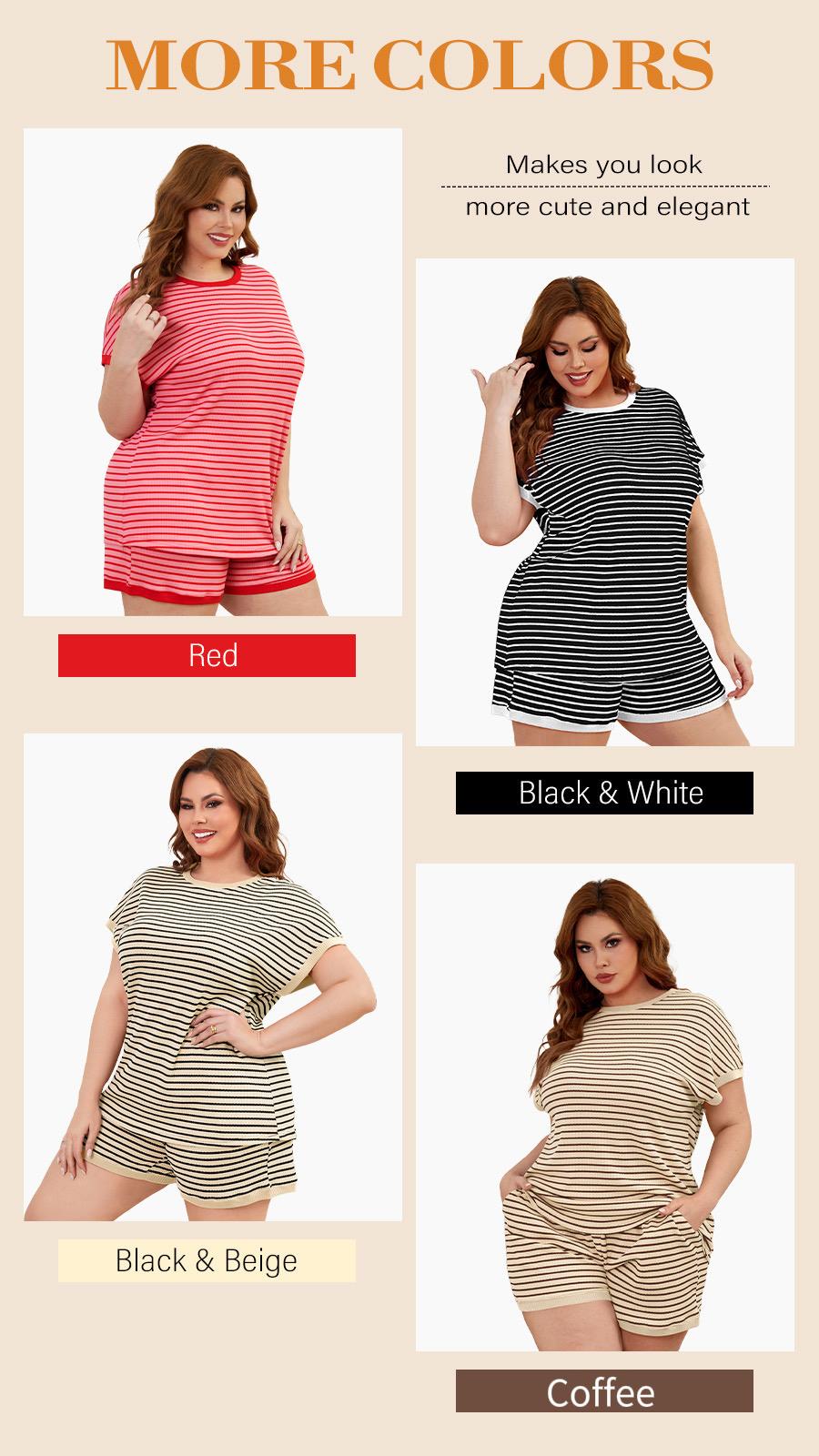 【PlusSize】Women's Cotton Pajama Sets 2-Piece Lounge Set, Stripe Short Sleeve Comfy Pj Set, Spring/Summer Loungewear Sleepwear with Pockets, Women's Loose Shortsleeve Casual Medium Homewear| plus size fashion