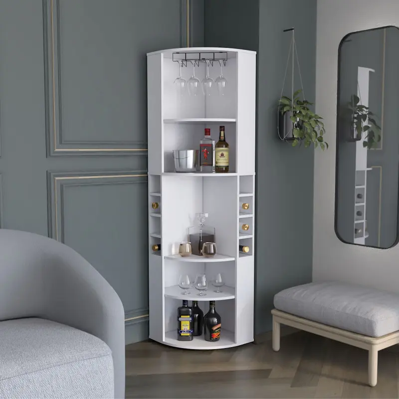 Bellemave Modern Storage Corner Bar Cabinet - Macadamia, 70.8"h x 18.5"w x 18.5"d, Durable Waterproof Space-Saving Indoor Sideboard, 5 Shelves, 8 Bottle Cubbies, Steamware Storage, Assembly Required (2 Separate Parcels Shipped)