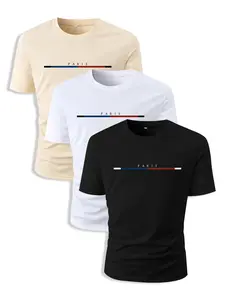 Men's 3pcs Basic Regular Fit Striped & Letter Print Crew Neck Tee, National Day Clothing, Streetwear Round Neck Short Sleeve T-Shirt for Men, Casual Comfy Stretch Knitting Top for Summer