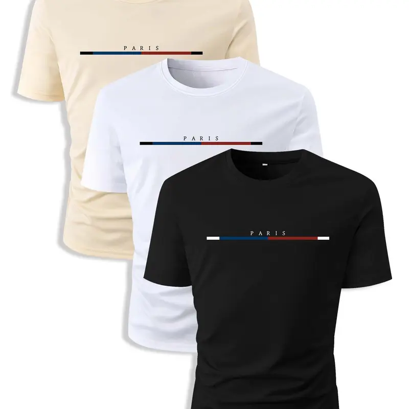 Men's 3pcs Basic Regular Fit Striped & Letter Print Crew Neck Tee, National Day Clothing, Streetwear Round Neck Short Sleeve T-Shirt for Men, Casual Comfy Stretch Knitting Top for Summer, Casual Stylish Tee