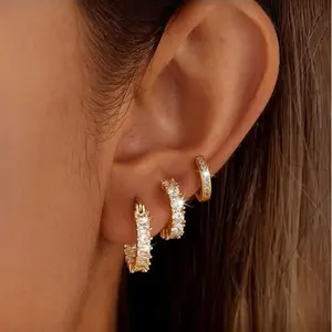 (Individual)14K Gold Plated Huggie Hoop Earrings - Set of 3, Cubic Zirconia Small Hoops Stackable Dainty Earrings for Multiple Piercing Gifts Stacking Style