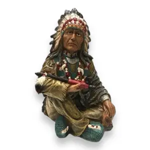 10-in Native-Inspired Sitting Native American Chief Figurine - Statue with Feather Headdress, Feather Detail, Pipe, Handmade Art Person for Home Decor Ornaments