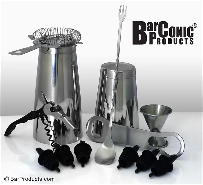 BarConic® 13-Piece Weighted Stainless Steel Bar Utensils Set - 18 oz Cocktail Shaker, Double Lever Corkscrew, Fork Tip Spoon, Bottle Opener, Garnish & Sanitary Condiment Tools, Improved for Better Performance Solid Metal for Home Use