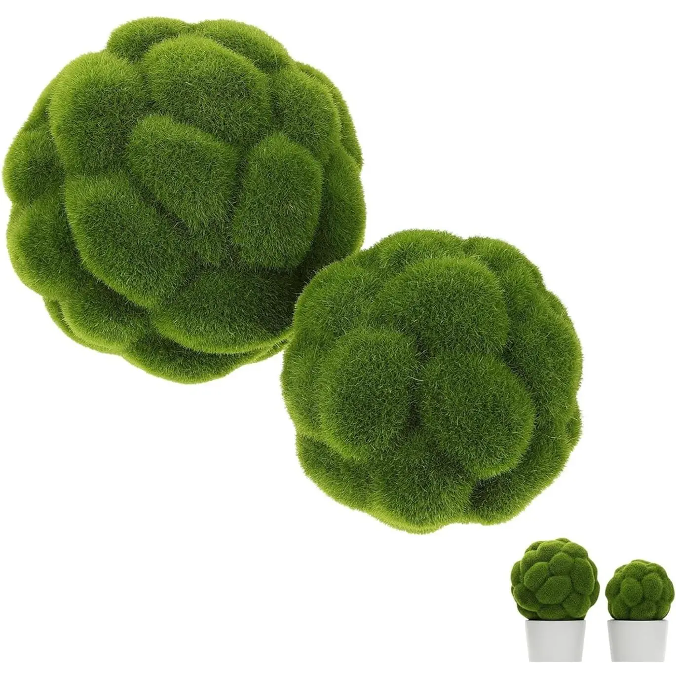 Lightweight Artificial Fairy Moss Ball Set (2 Pcs, 3.9" & 4.7") - Hanging Home Decor Plants for Vase Fillers, Centerpieces, DIY Crafts, Textured, Two Pieces