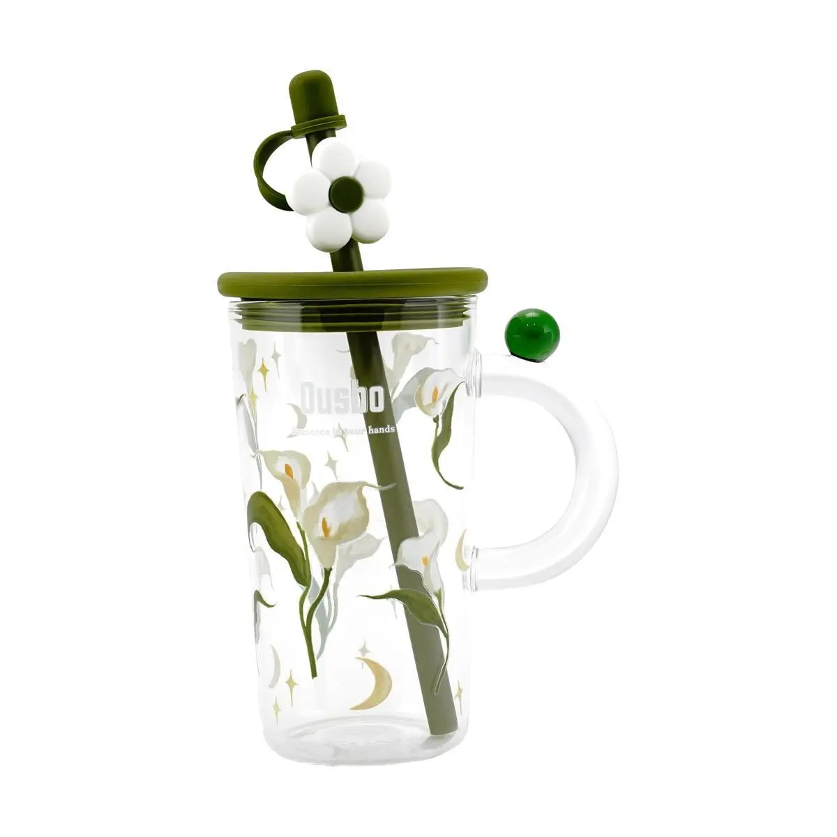 Ousbo Calla Lily Floral Glass Mug 750ml - Cute Dot Patterned Tea Cup for Coffee Lovers