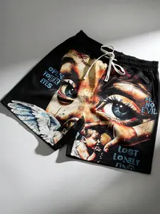 Angel wing printed shorts black unisex eye pattern shorts men's European and American street fashion brand 2026 summer casual shorts men's new beach pants black Y2K style Streetwear Menswear