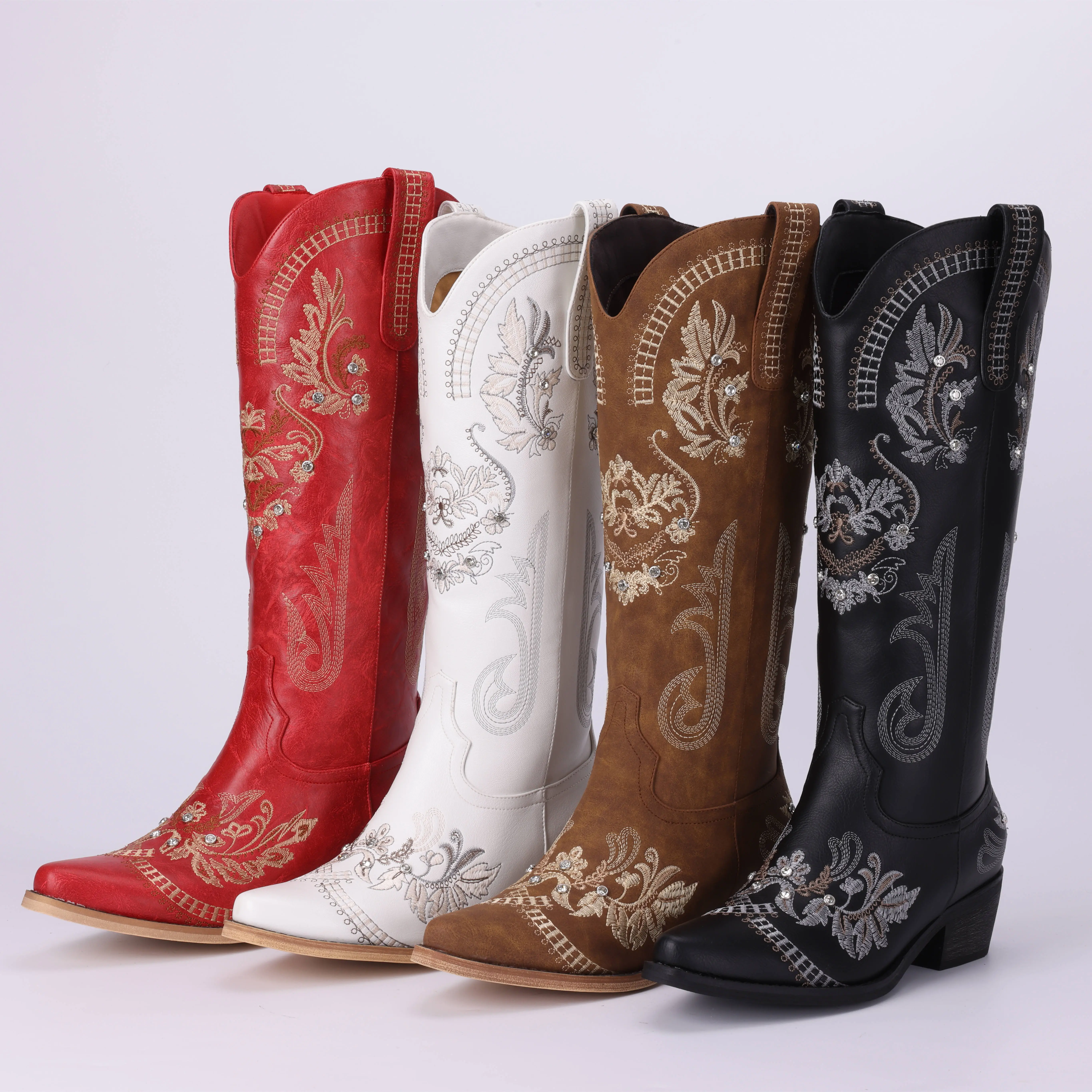 Pasuvo Women's White Embroidered Western Cowboy Boots - Vintage Floral Stitching, Classic Pointed Toe, Stacked Heel, Perfect for Country Style, Festiv