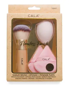 CALA 3 Piece Kabuki Brush Sponge And Powder Puffs Set for Flawless Finish 76067 Pink Makeup Premium Brush and Sponge Set