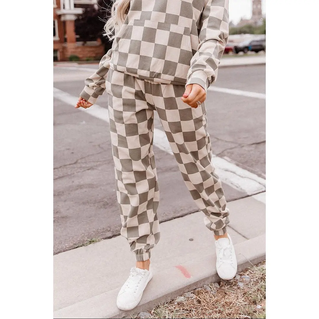 University Joggers - Soft Landing | Womenswear Lounge Bottoms Checkered | Sage Green & Beige | Plus Size