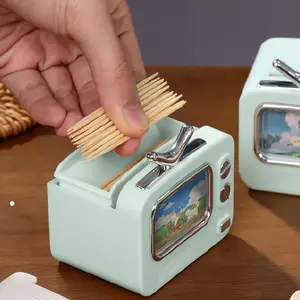 1Pc Toothpick Holder with 1 Pack Toothpicks - Vintage TV Design Auto-Pop-Up Multi-Color, Perfect for Vanity/Kitchen/Dining/Christmas/BF/CM