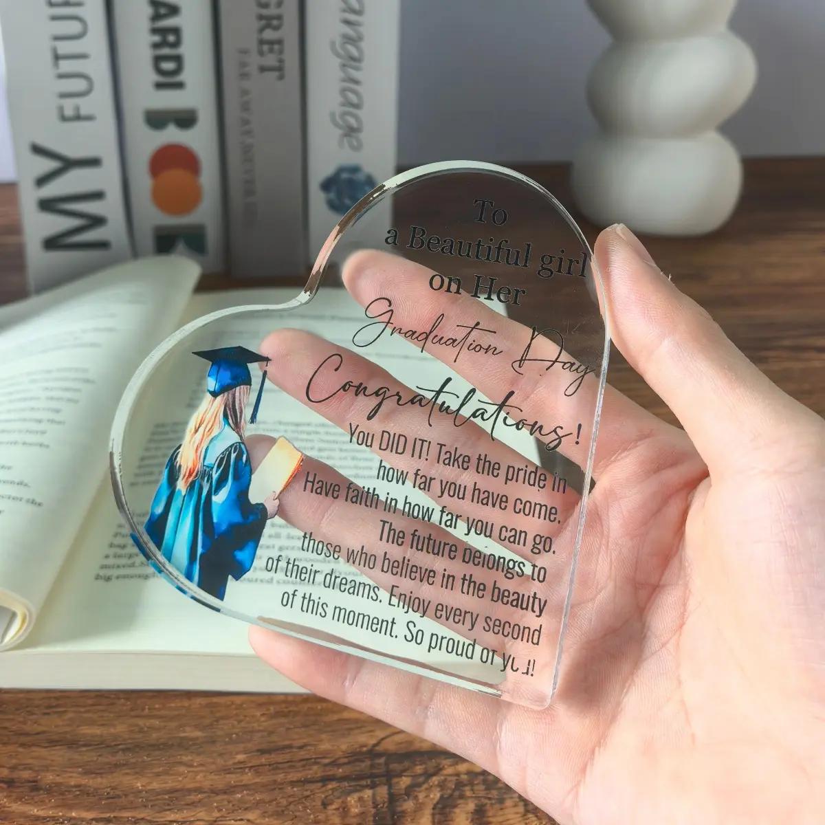 Acrylic Heart-Shaped Inspirational Graduation Gifts For Her Him High School College Masters Degree Phd Graduation Gifts For Students Keepsake For Daughter Son Sister gf wife letter pattern decorative ornament