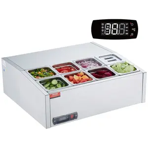 Countertop Refrigerated Condiment Prep Station, 140W 304 Stainless Steel Body, 8 x 1/6 Pans with PC Lids & Condiment Containers, Stainless Steel Guard Sandwich Prep Table, ETL Certified Kitchen Tool