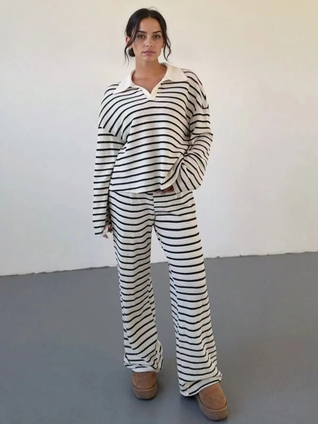 Women's Modest Fashion Striped Collar Knit Loose Long Sleeve Top & Casual Pants Set, Fashionable Comfortable for Daily Wear, Womenswear, Casual Style Set, Casual Matching Outfit Set