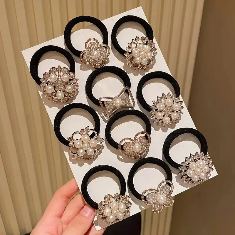 10 Pack Rhinestone Pearl Hair Ties For Women, Luxury Bling Crystal Decor Elastic Hair Scrunchies, Gentle No Slip Damage Free Ponytail Holders, Elegant Cute Daily Party Hair Accessory Set