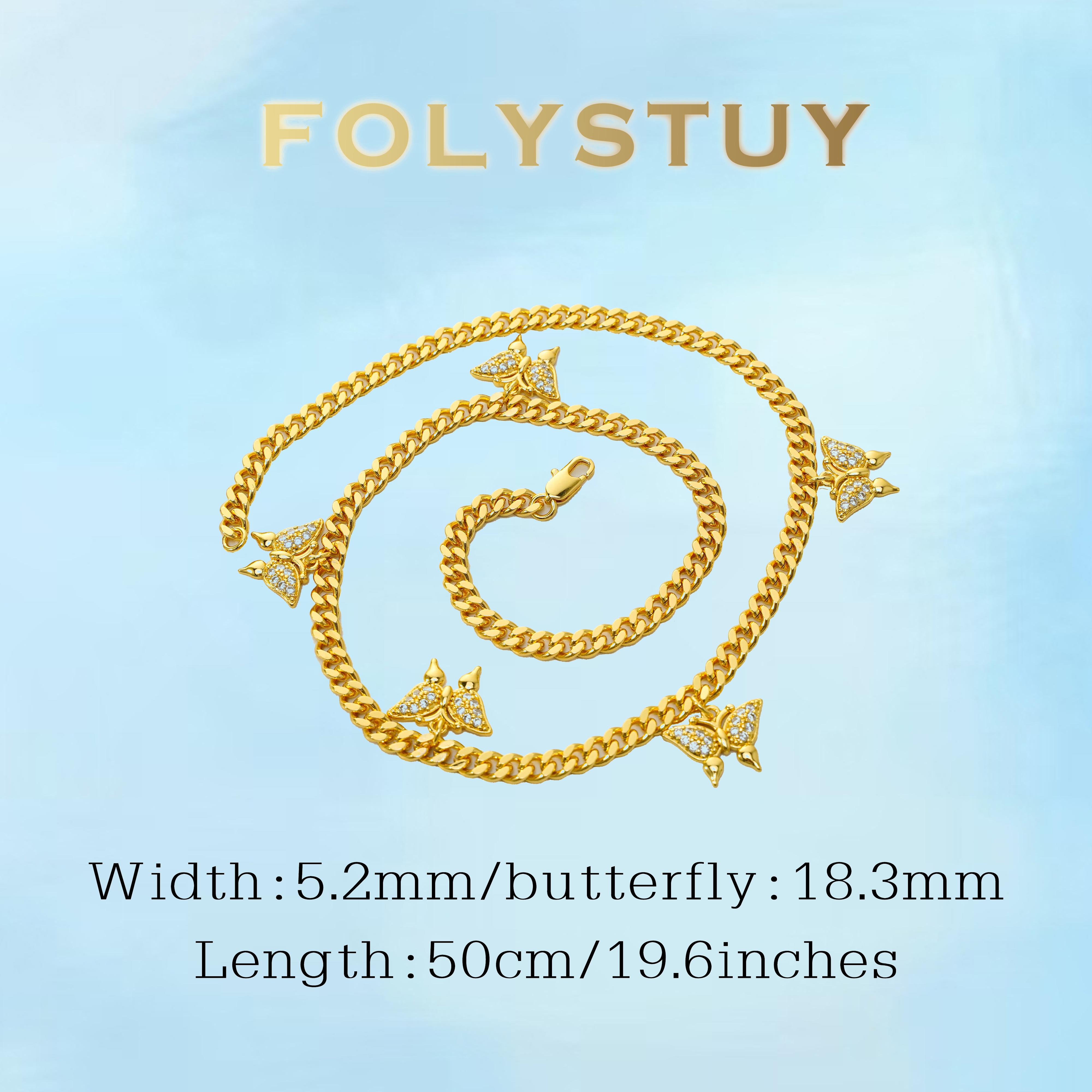 [FOLYSTUY (Y137)]Sparkly Butterfly Cuban Chain Necklace, 0.20" Width 19.6" Length Trendy Fashion Jewelry