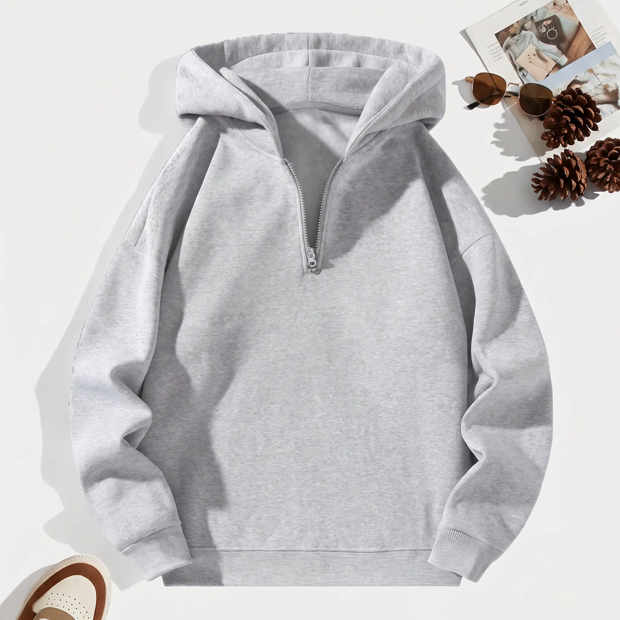 American basic style quarter-zip hoodie sweatshirt, simple solid color, loose relaxed fit, unisex, pullover for commuting