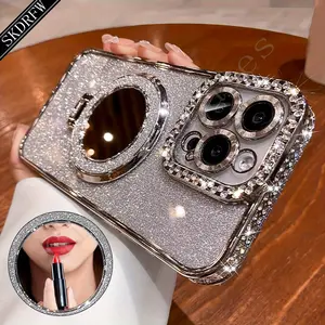 New Luxury High-Grade Glitter Double Row Diamond Mirror Magnetic Bracket All-Inclusive Lens Mobile Phone Case Suitable for Apple for Iphone 16 15 14 13 12 11 Pro Max / Anti-Fall Soft Glue Protective Back Cover / Boyfriend And Girlfriend Gift