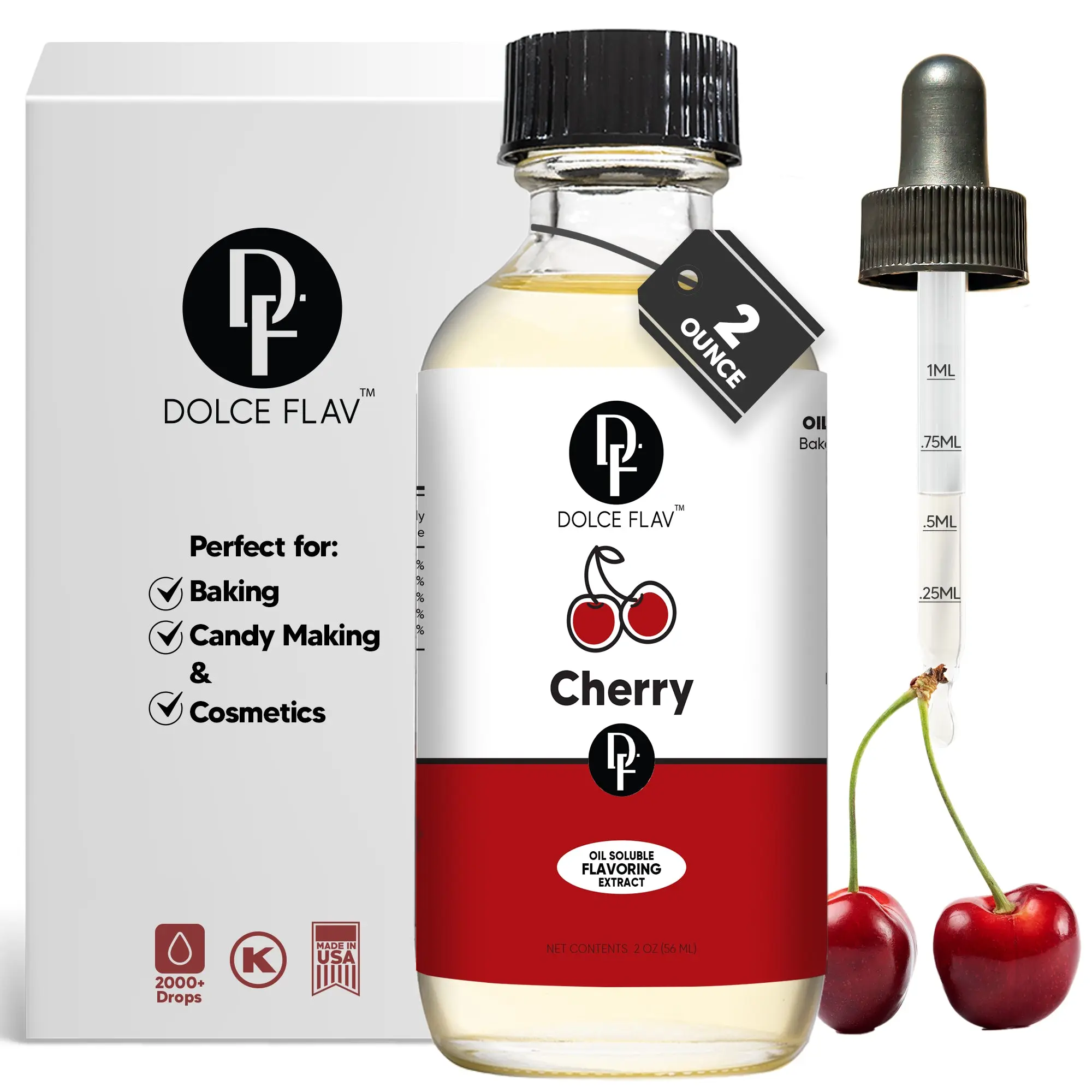 Dolce Flav Oil-Soluble Cherry Flavoring Extract - 2 oz Bottle with 2000+ Drops for Baking, Candy Making & Cosmetics - Natural, Alcohol-Free, Precision Dropper Included