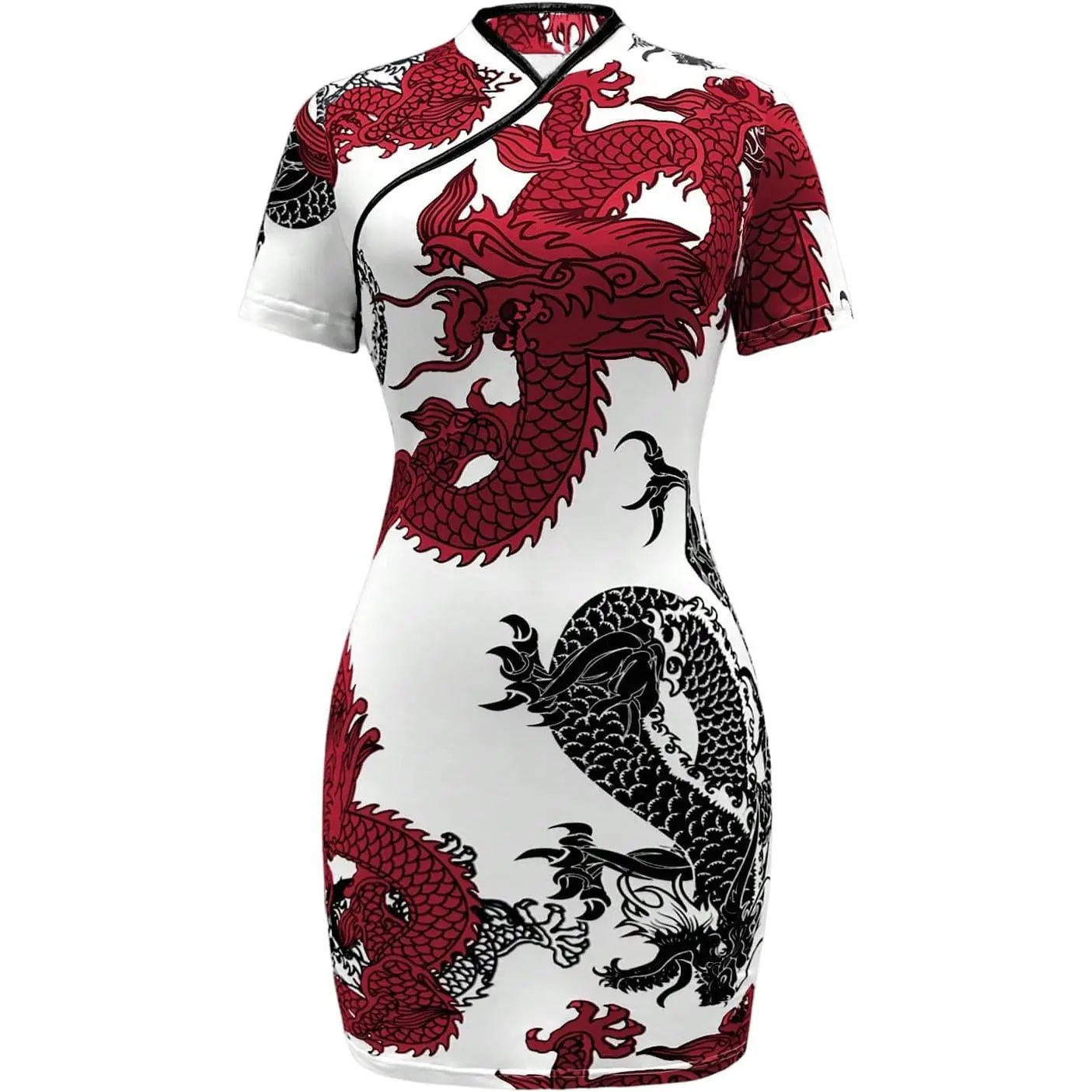 Women's Cheongsam Dress  Traditional Dragon Print Qipao Bodycon Mini Dress
