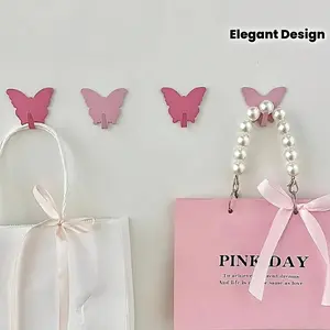 Set of 4 Pink Butterfly Decorative Wall Hooks, Metal Minimalist Style, Easy to Install, Suitable for Children's Room, Bedroom, Living Room, Office, for Organizing Keys, Coats, Towels, Jewelry