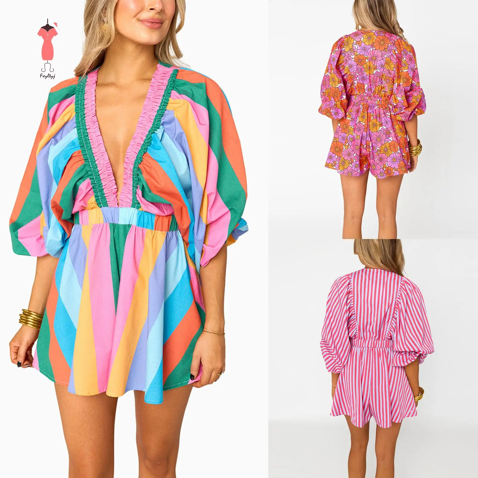Women's Bohemian Floral or Stripe Print Playsuit, Stylish Polyester Blend Romper with Long Sleeves and a Deep V-Neck for Summer, Stylish Women's Wear, Lady