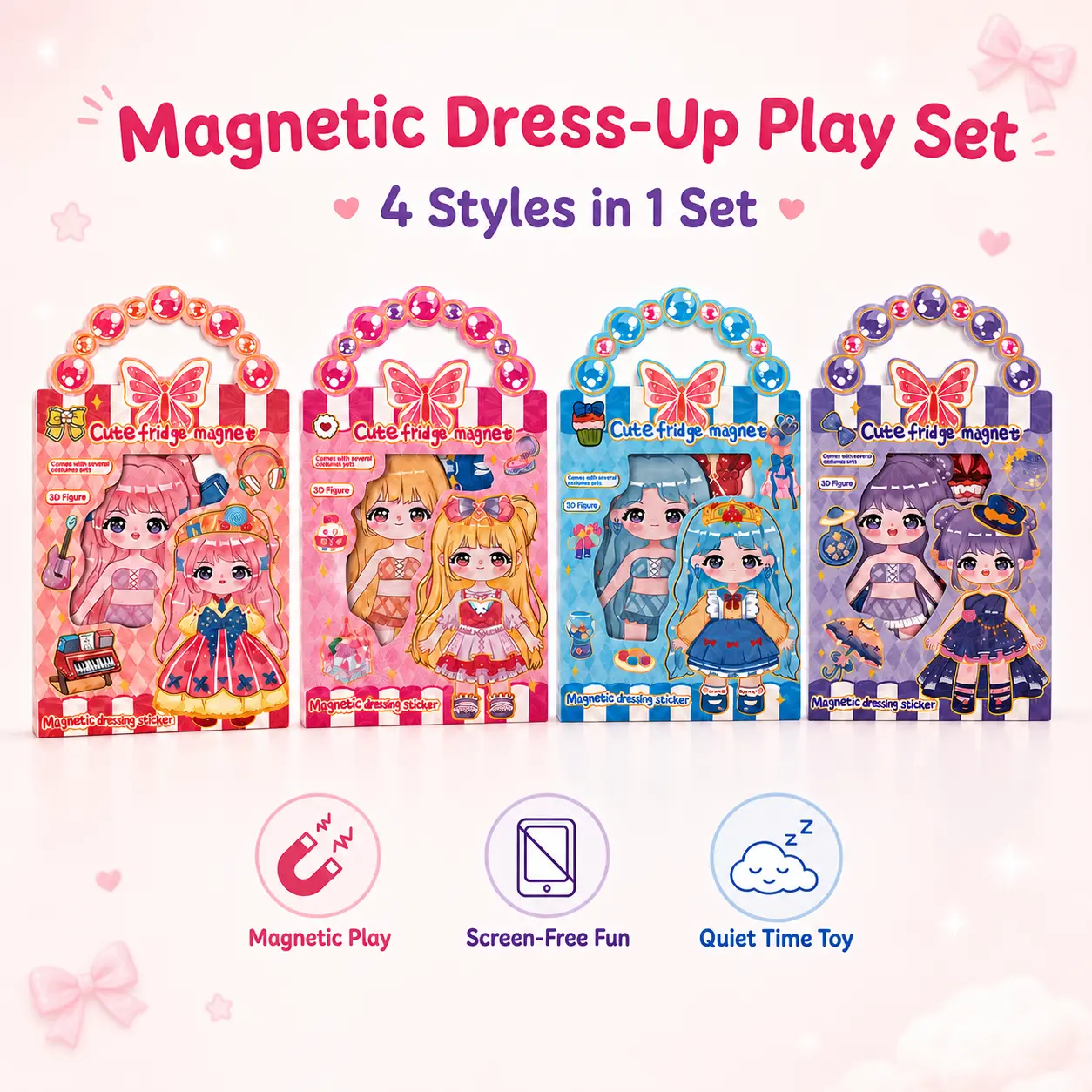 Colorful Magnetic Dress-Up Doll Playset - 4 Cute Styles, Mix-and-Match Clothes Set Doll Outfits, Accessories, Quiet-Time Pretend Play Toy for Girls, Classroom Rewards, Storytelling Decoration, Dress Up Dolls, Doll Playsets