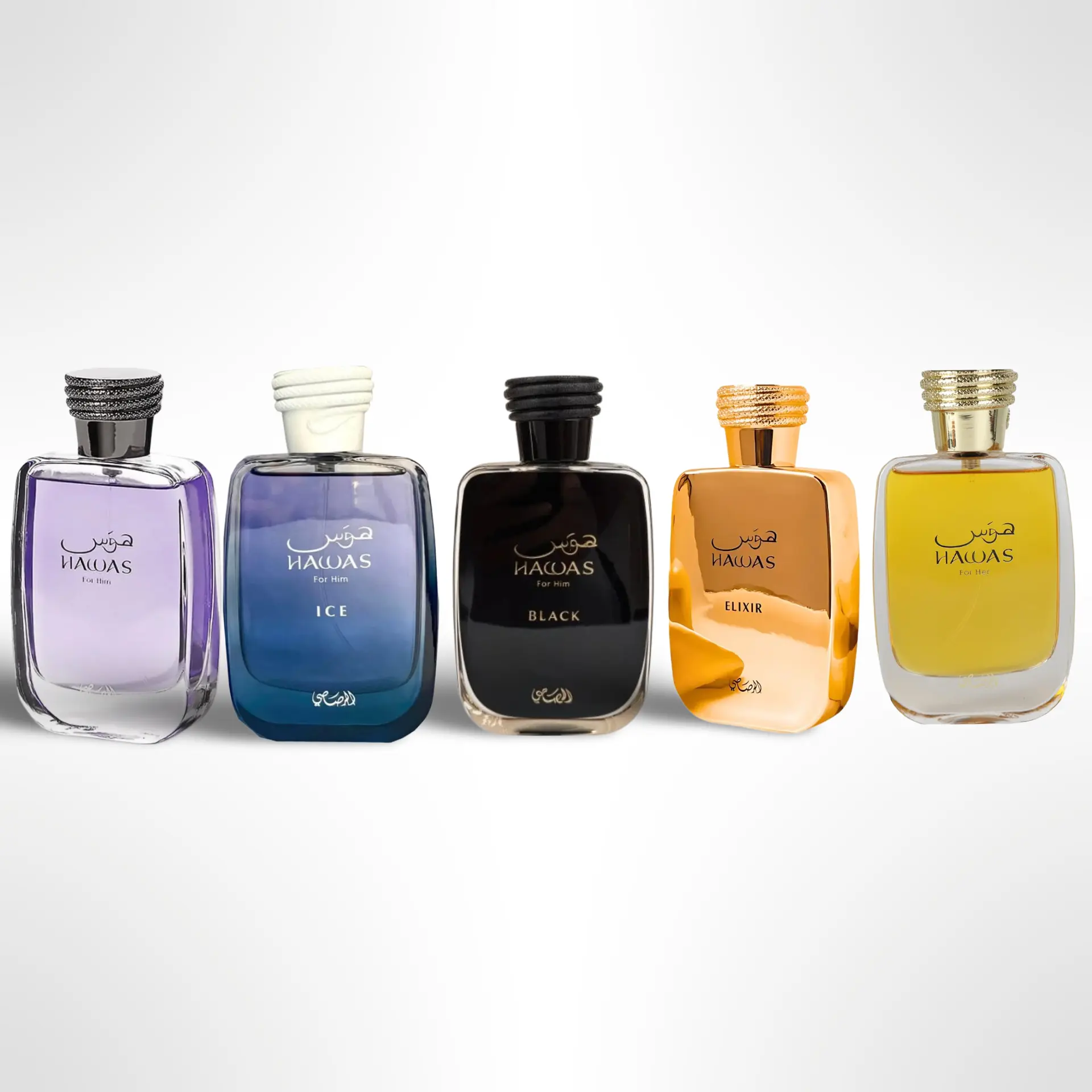 Rasasi Hawas + Hawas Black + Hawas Ice + Hawas Gold + Hawas Elixir – 5-Piece Eau de Parfum Bundle – For Men – 100ml (3.4 fl oz) Each