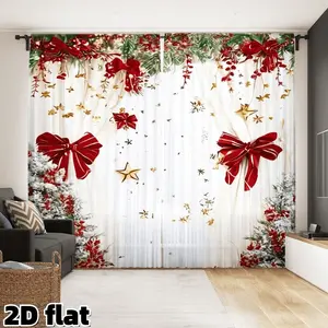 2pcs Christmas Party Curtains, Pine Branch Design, Polyester Material, Indoor Outdoor Use, Festival Decoration, Boho Style Drapes