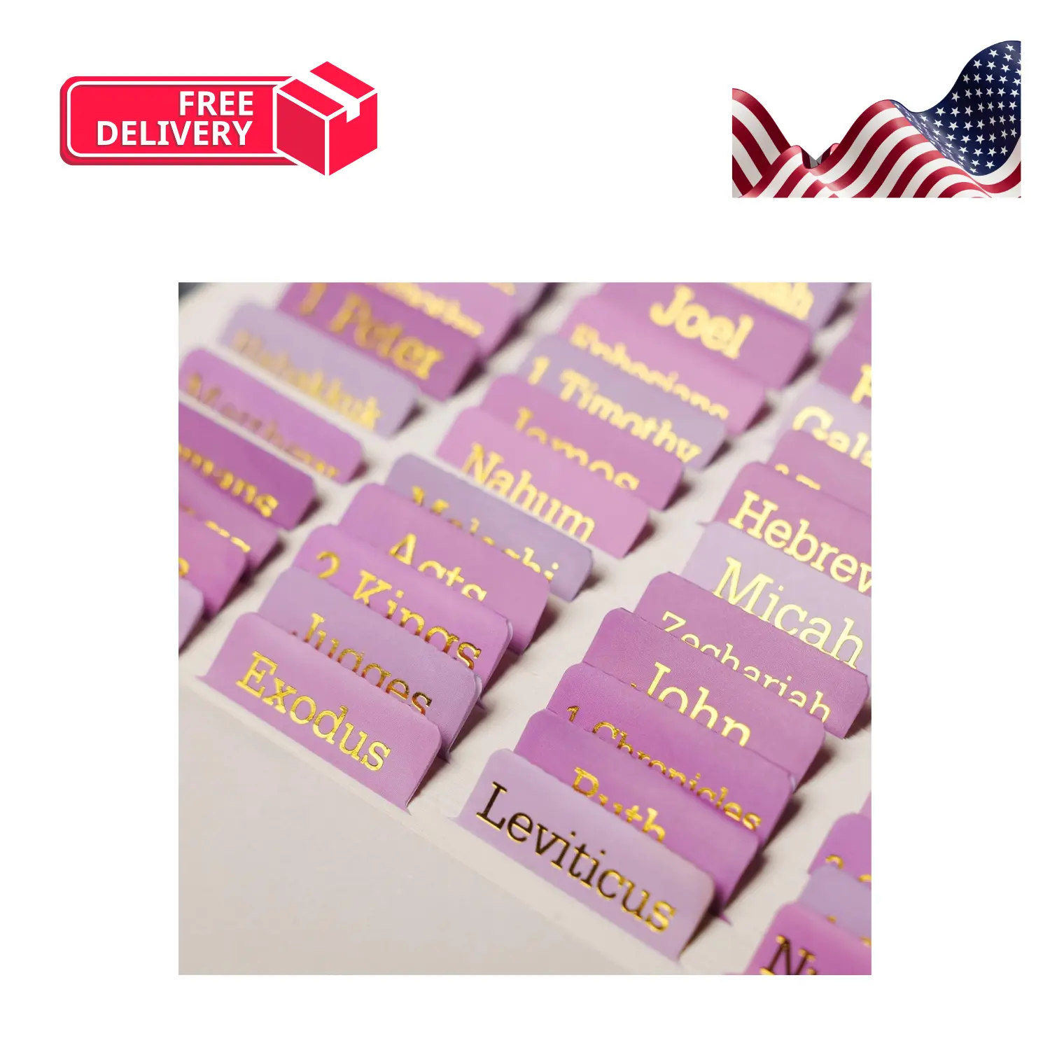 Pink Laminated Bible Tabs for Women & Men (Gold Foil Lettering)