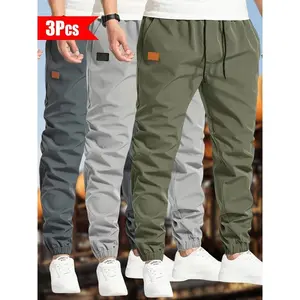 3pcs Men's Solid Color Drawstring Joggers - Casual Cargo Cropped Pants, Polyester, Machine Washable, in Black, Dark Gray, Olive Green with Patch Detail