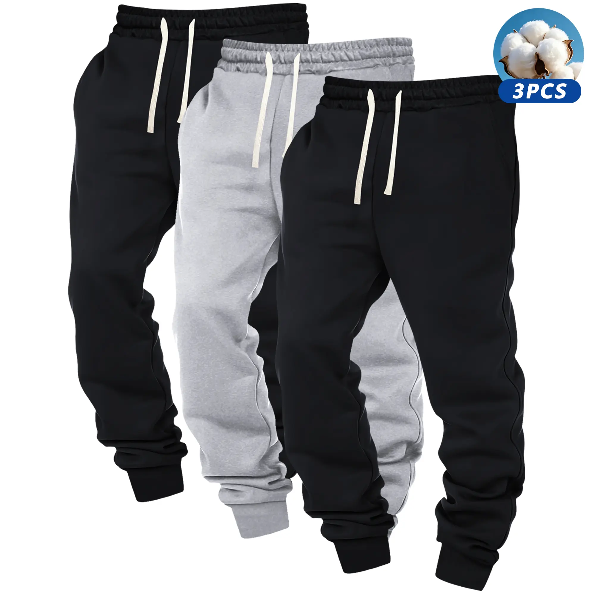 3pcs Men's Sweatpants Casual Sweatpants Solid / Plain Outdoor Fitness Running Daily Hundred Elastic Waist Drawstring Pants Men's Cuffed pants