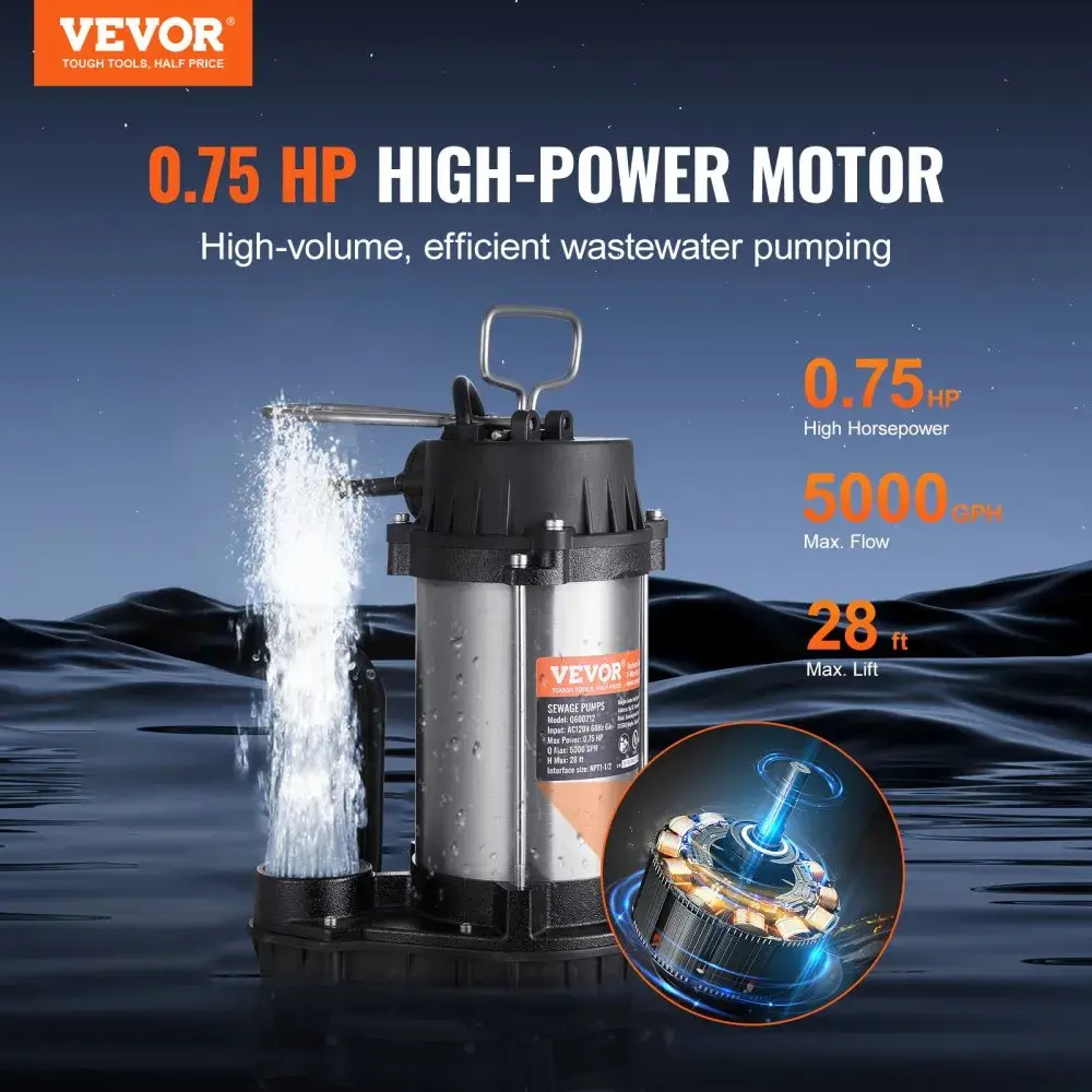 VEVOR 0.75HP Motor Submersible Sewage Pump, 5000 GPH, Cast Iron Corrosion-Resistant High Wear-Resistant Pump with 28 ft Lift, 10 ft Power Cord, Automatic Float Switch, 1.5" NPT Discharge Port for Basement Yard Flood Cleanup