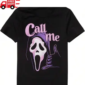 T-Shirt Ghostface Women's Call Me Junior's Boyfriend Fit Adult Short Sleeve T-Shirt Graphic printed T-shirt gift for everyone Vintage Cotton Black Graphic T-Shirt Top Womenswear Colorful Everyday