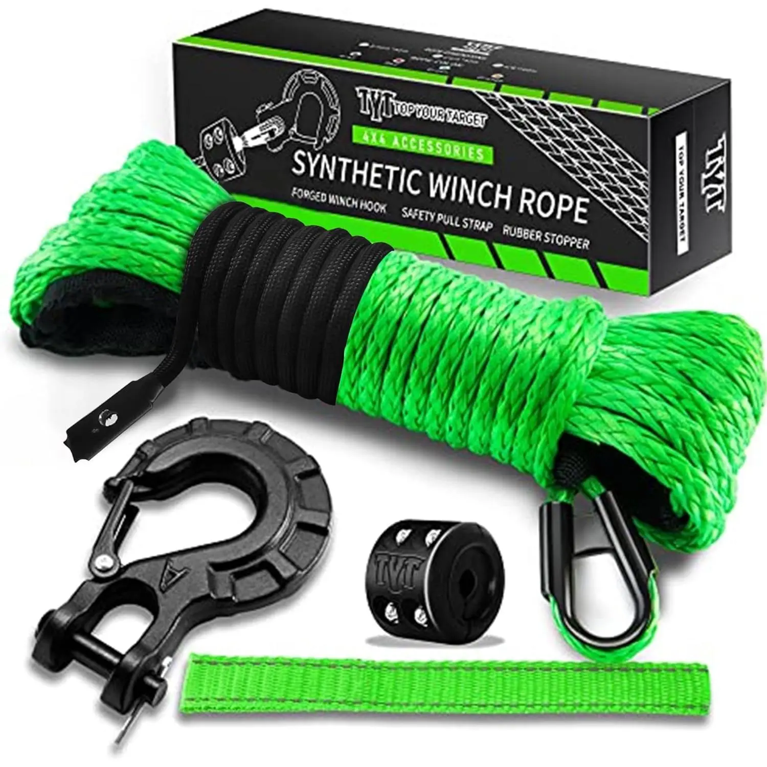 TYT Off-Road Winch Rope Kit (JPS31650G), 3/16''x50' 8500 Lbs Green Synthetic Cable for 4WD ATV UTV, High Tenacity, Protective Sheath, Heavy-Duty Hook, Safety Pull Strap, Rubber Stopper for Off-Road Enthusiasts, 4Wd Atv Utv Vehicles