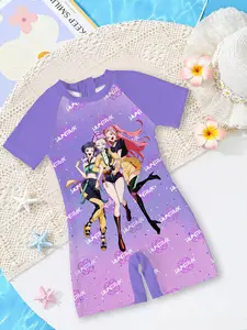Girls' one-piece swimsuit "New Summer Style of K-Pop Girl Group" with purple-pink gradient + girl group prints, featuring a unique and eye-catching design that instantly amplifies the summer water-play atmosphere~