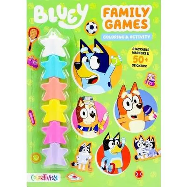 Bluey: Family Games Children's Coloring & Activity Book with Stackable Markers, 50+ Stickers, 8.23"h x 7.41"l x 1.07"w, English Soft Cover, All Ages - Editors of Studio Fun International