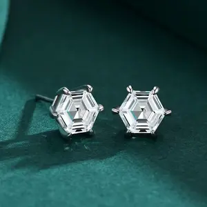 Genuine 925 Sterling Silver Dazzling Zirconia Hexagon Stud Earrings