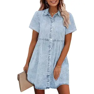Denim Dress for Women Babydoll Tiered Short Sleeve Button Down Jean Shirt Dresses