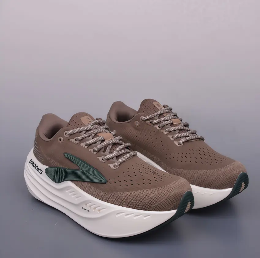 Coffee Brown Dark Green Contrast Knit Max Cushion Running Shoes, Brooks Shock Absorb Marathon Trainers, Breathable Non-Slip Long-Distance Road Sneakers For Men Women Jogging