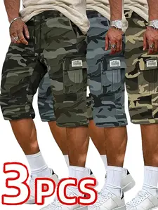 Camouflage Twill Pocket Shorts Three-Piece Set Men's Casual Khaki Green Black Trousers Suitable For Daily Wear