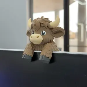 Highland Cow Monitor Buddy and Screen Sitter, 3D Printed Emotional Support Desk Companion and Office Decor