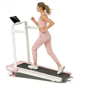 Pink White Walking Pad Treadmill with Side Handrails, At Home Gym Equipment for Small Space, Apartment Cardio Machine, Compact Fitness Workout Equipment