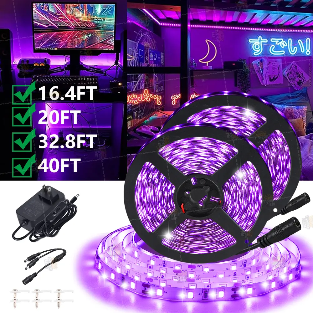 16.4/20/32.8/40FT (5/6/10/12M) Black LED Strip Kit, 60LEDs/M, 12V Flexible Black Light Fixture, Halloween Christmas Decoration, Non-Waterproof for Fluorescent Dance, Birthday, Glow Party, Light-Up Specialty & Decorative Lighting, Black Led Lights Specialt