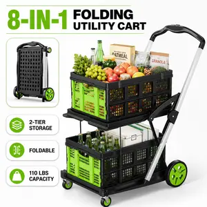 Premium Foldable Plastic Shopping Cart with Wheels, Elegant Lightweight Rolling Utility Basket for Groceries, Laundry, Travel, Camping and Home Storage, Space-Saving Portable Pull Cart