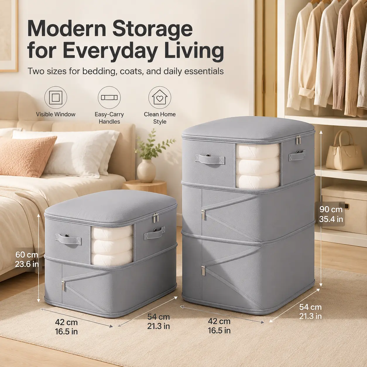 Fabric Clothes Storage Bag - Expandable Foldable Storage Containers for Bedroom Closet, Large-Capacity Bedding Organizer with Visible Window, Reinforced Handles, Dual Sizes, Closet Bin for Organized Spaces