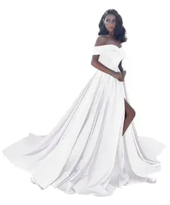 Off Shoulder Wedding Dresses for Bride 2024 Plus Size Prom Dresses Ball Gown Satin Wedding Dress with Slit White Size US28